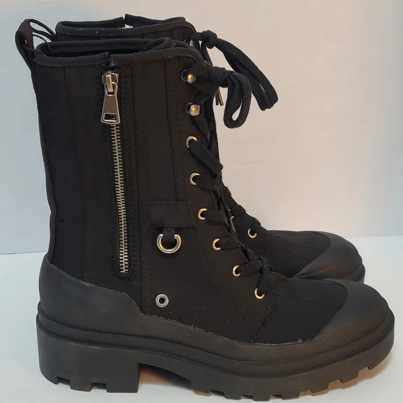 Zara Black Canvas Women's Combat Boots Chunky Heel Lace-up Zip-up Sz40 (US Sz9) - Picture 1 of 16